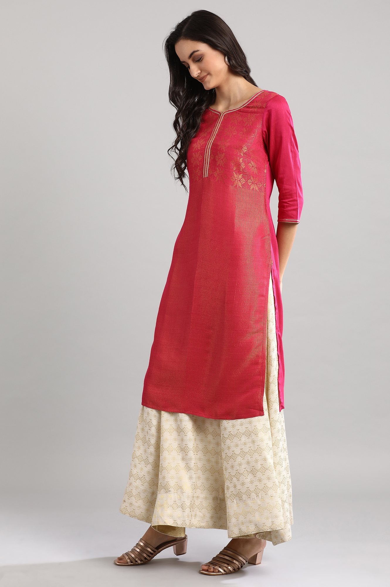 Pink Round Neck Printed kurta