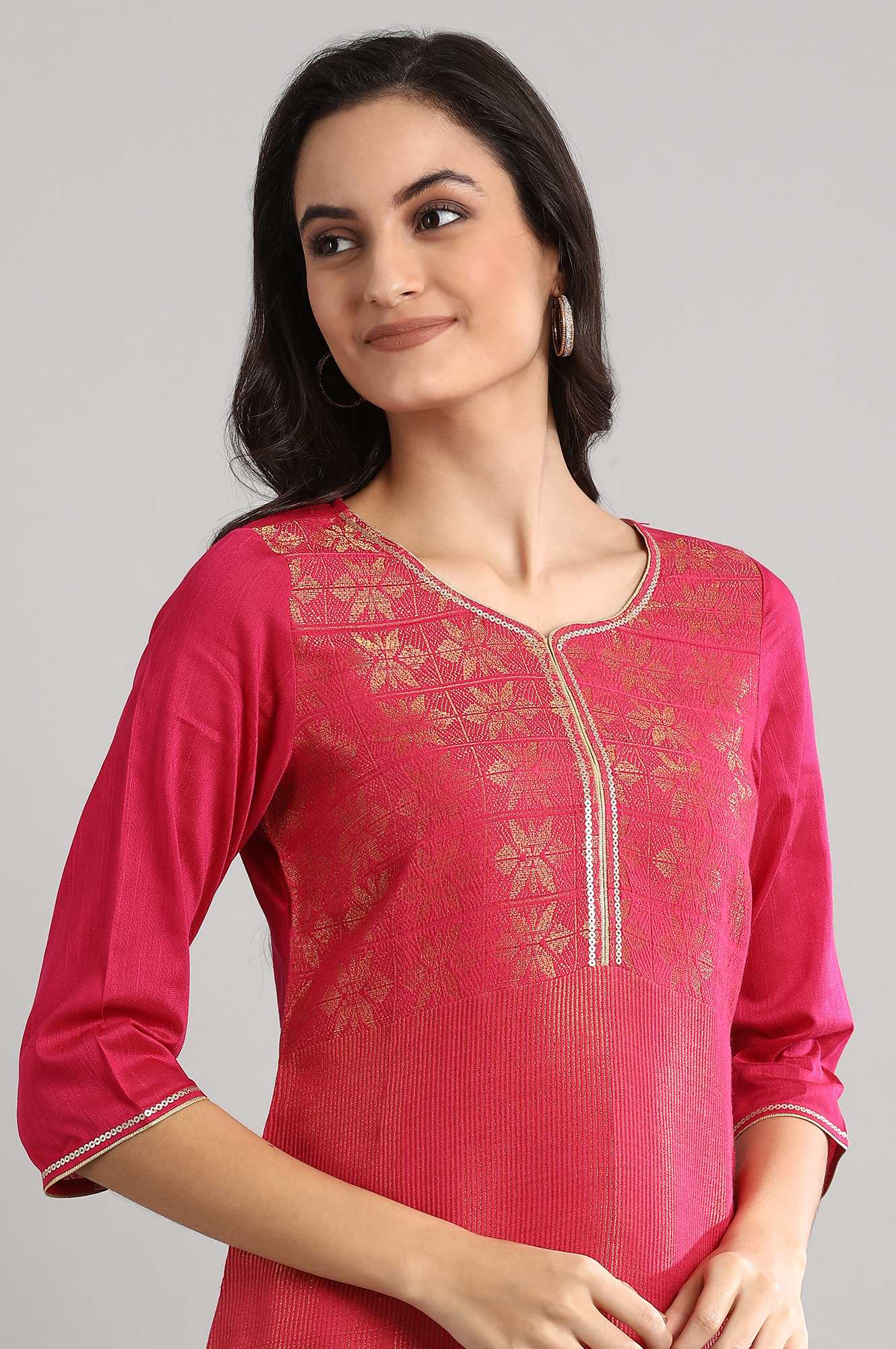 Pink Round Neck Printed kurta