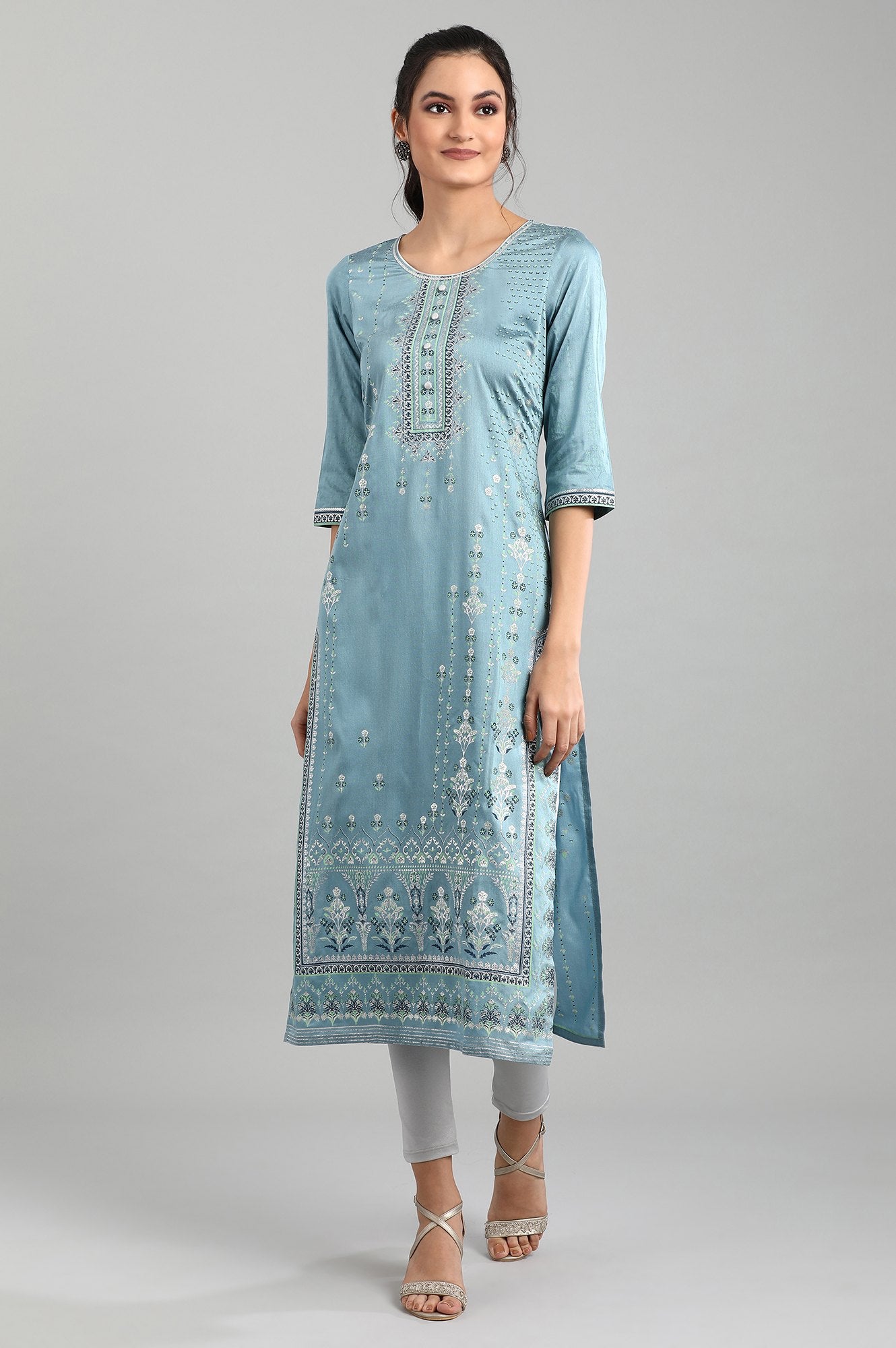 Blue Round Neck Printed kurta