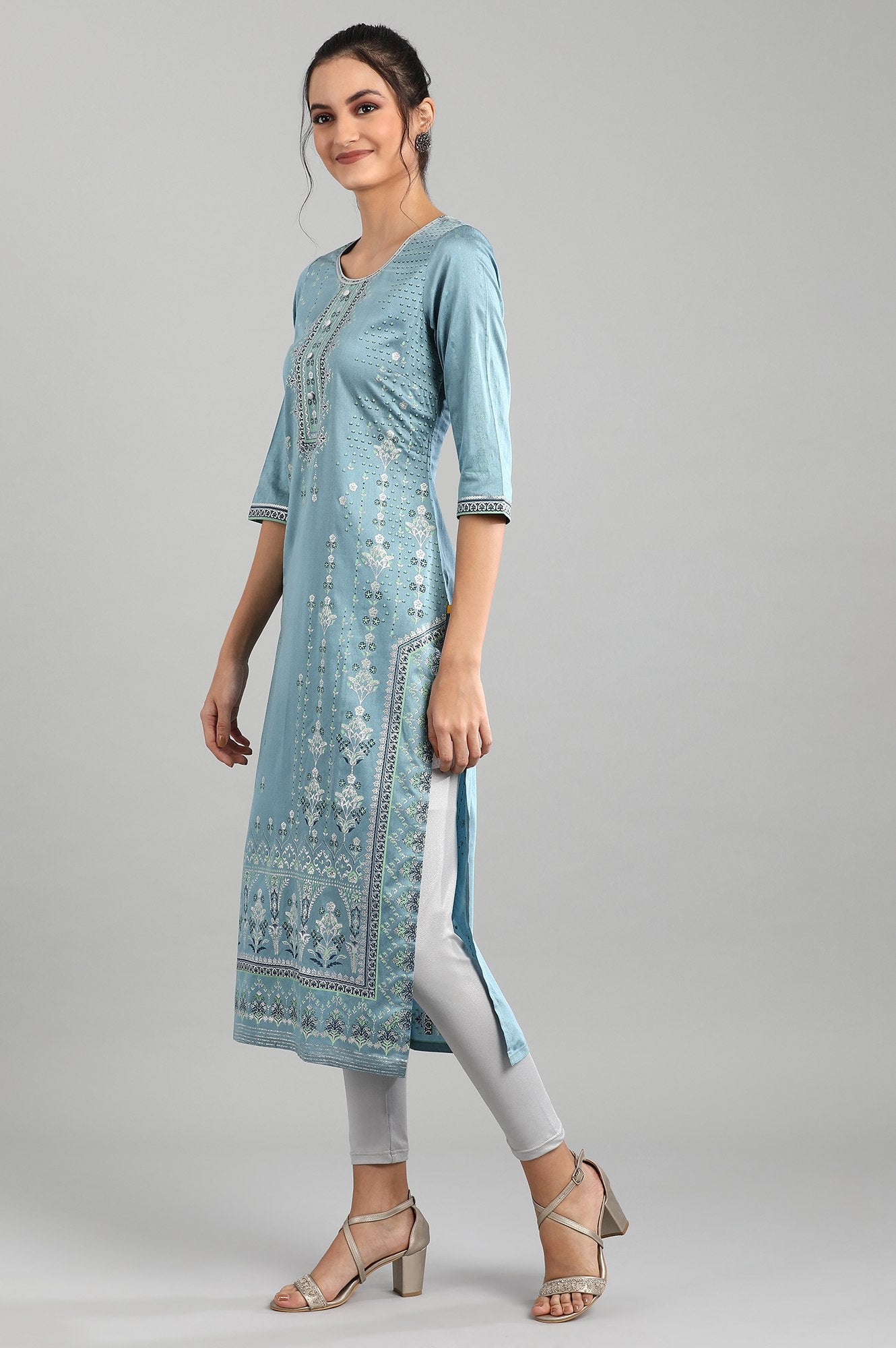 Sea Blue Ethnic Straight kurta in Round neck