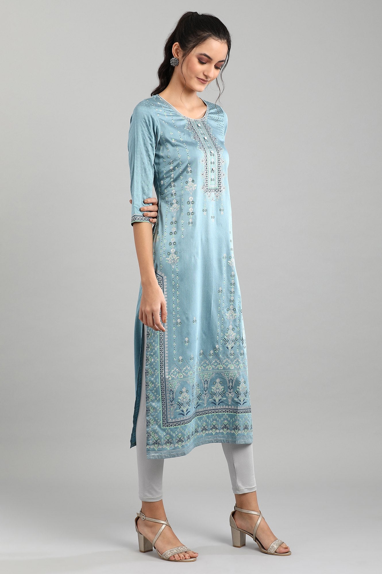 Blue Round Neck Printed kurta