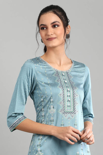 Blue Round Neck Printed kurta