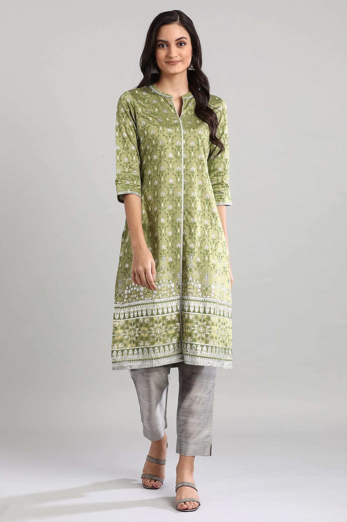 Green Mandarin Neck Printed kurta