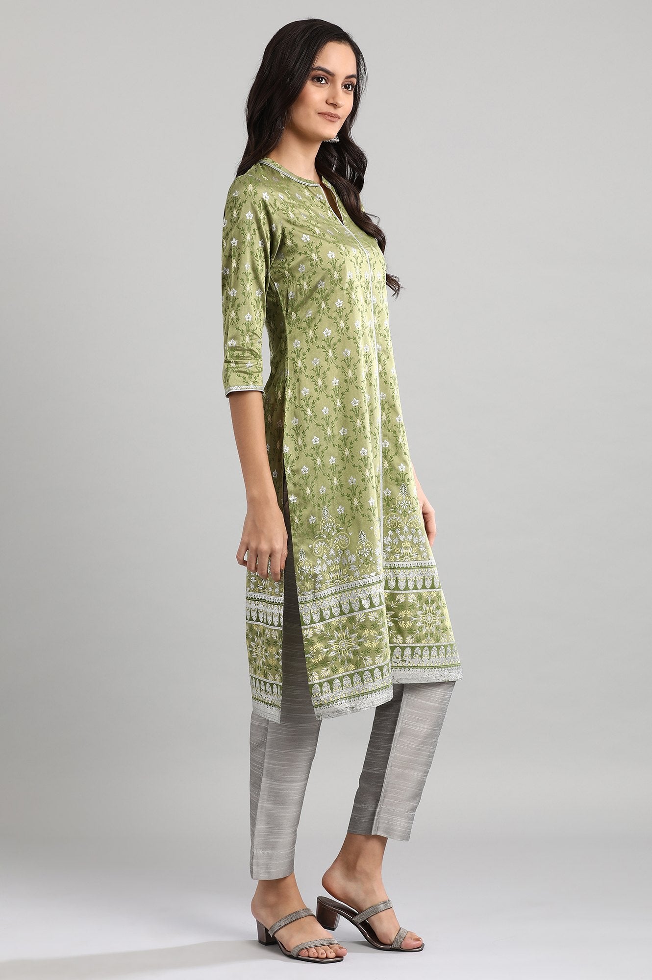 Green Mandarin Neck Printed kurta