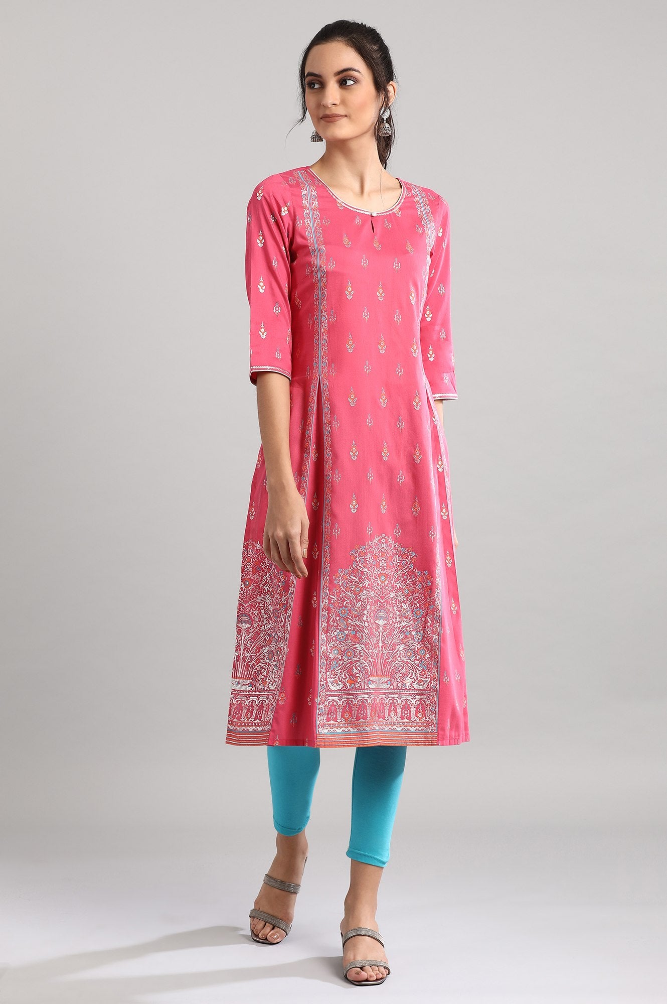 Pink Round Neck Printed kurta