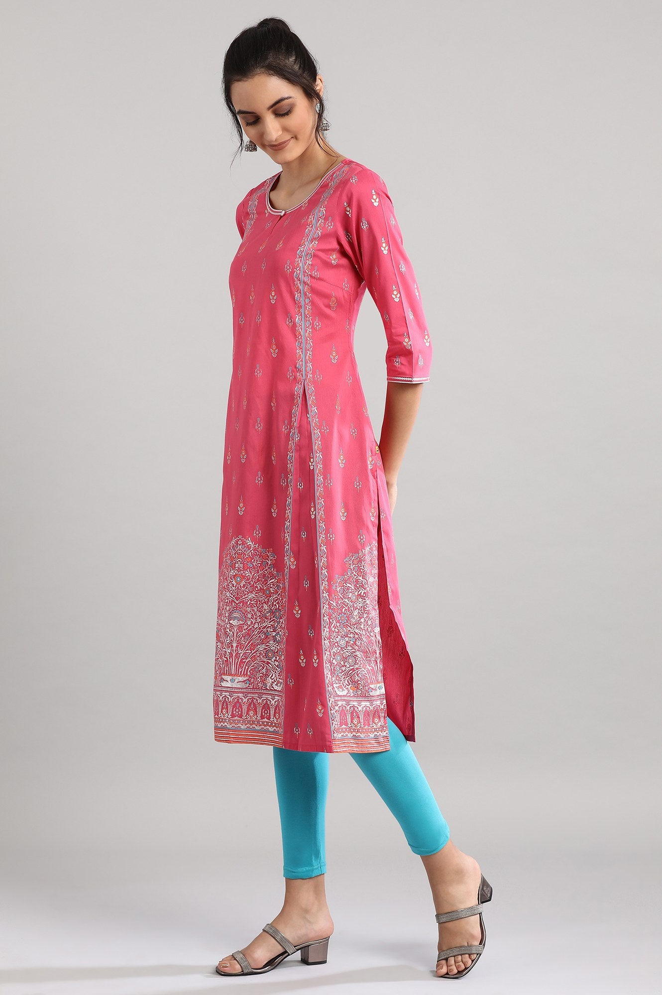 Pink Round Neck Printed kurta