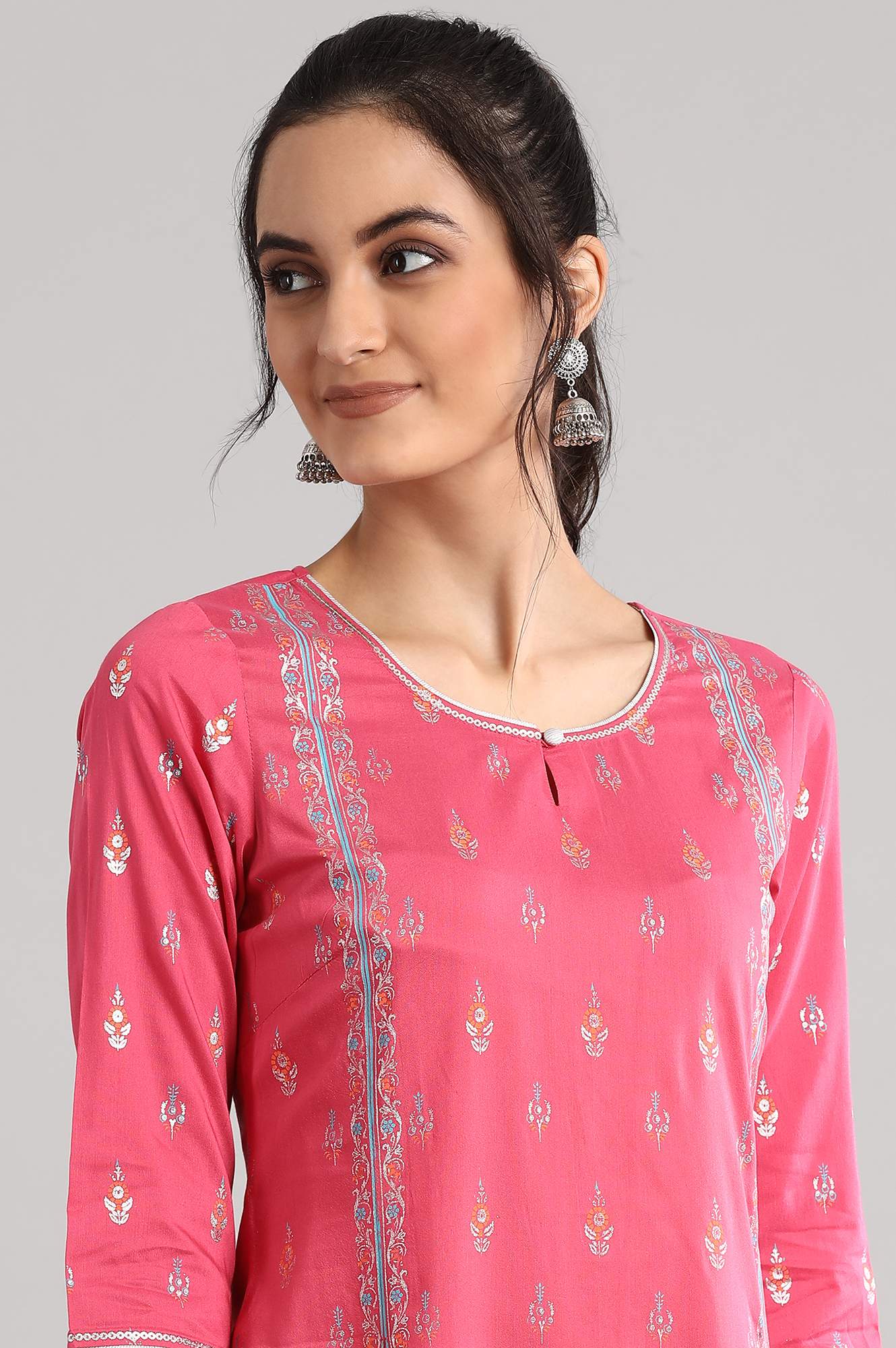 Pink Round Neck Printed kurta