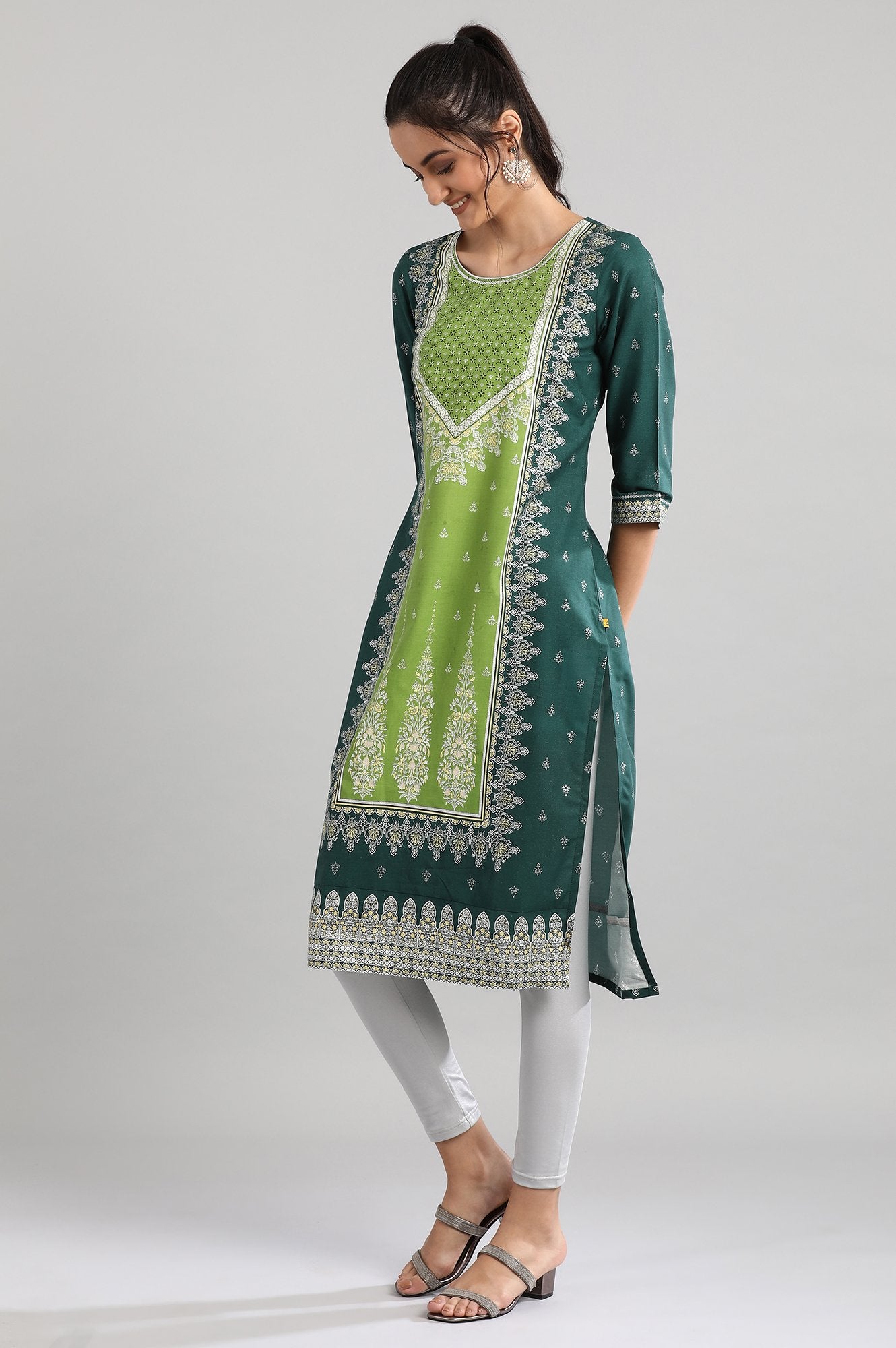 Green Round Neck Printed kurta