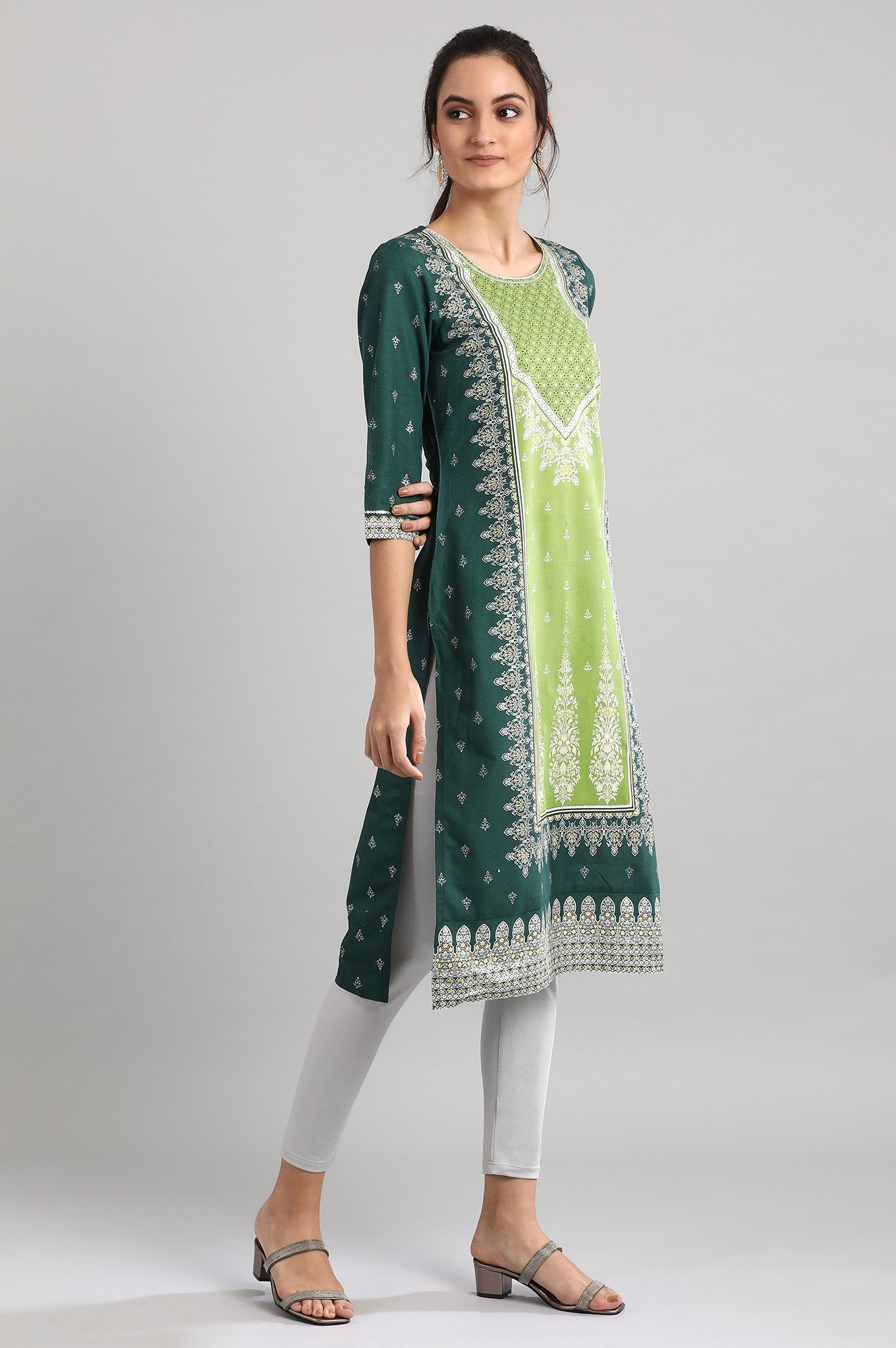 Green Round Neck Printed kurta