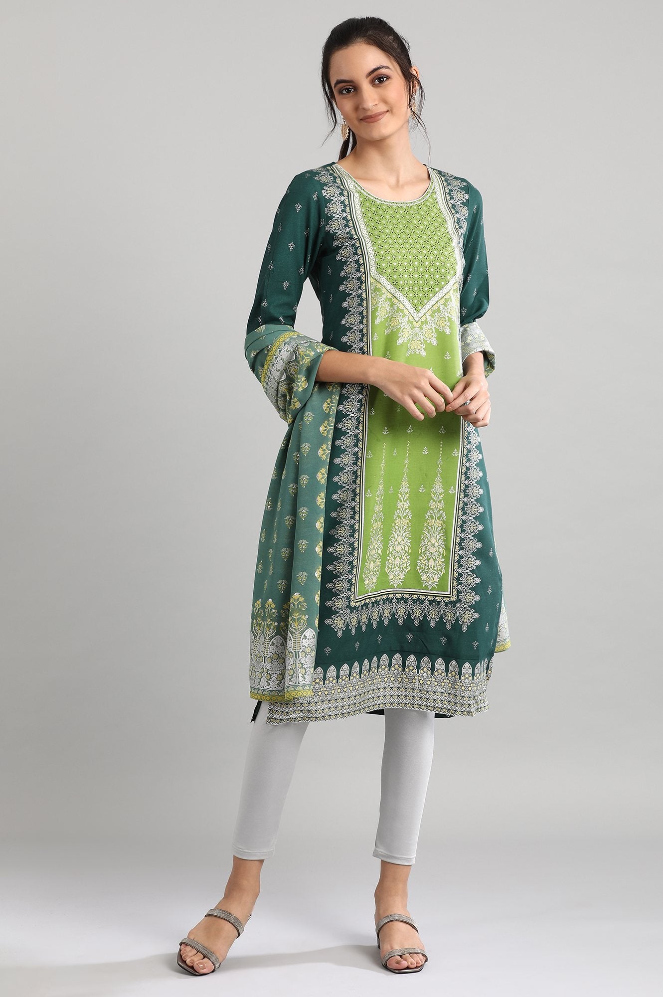 Green Round Neck Printed kurta