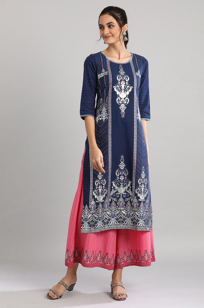 Blue Round Neck Printed kurta