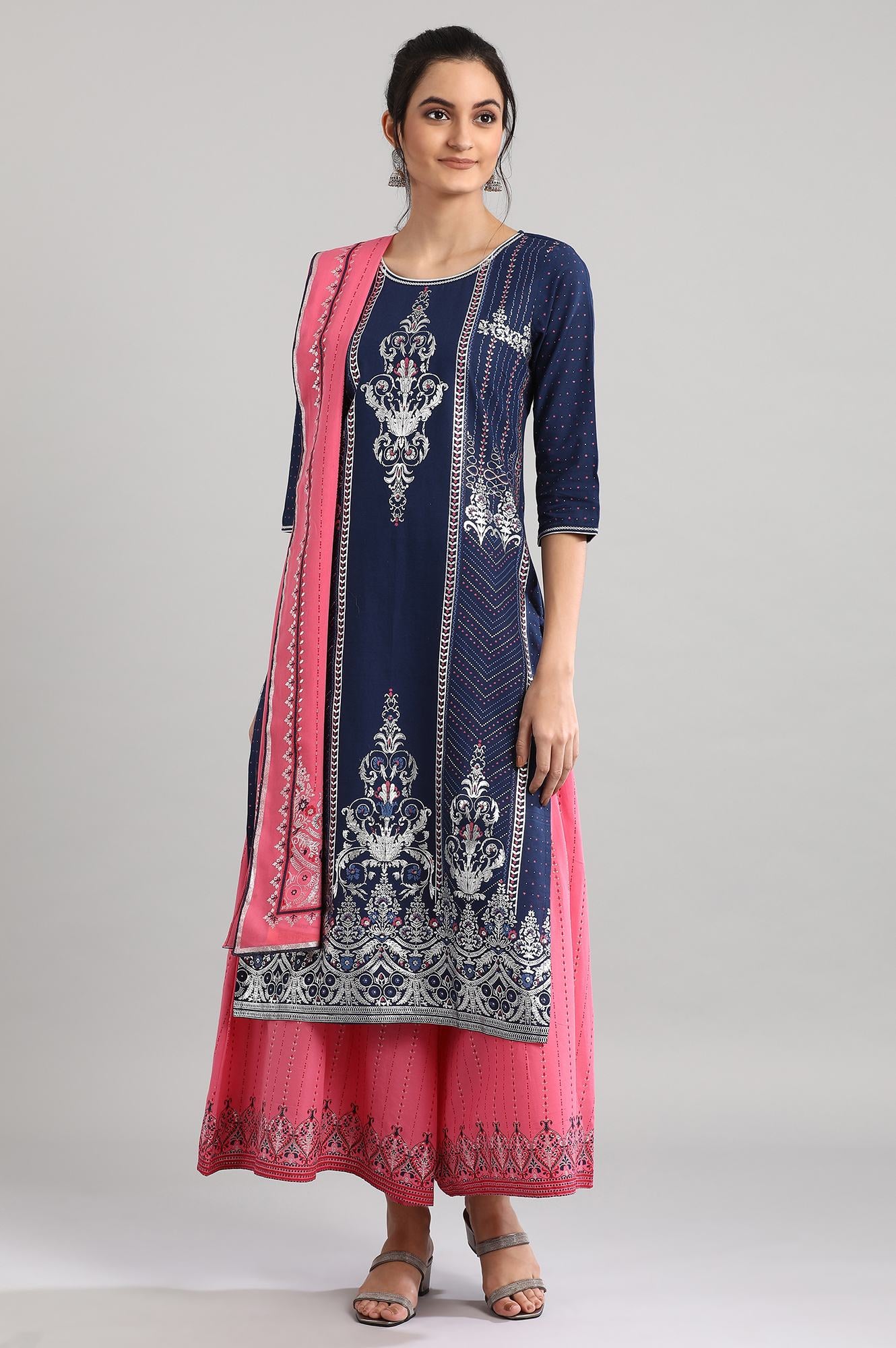 Blue Round Neck Printed kurta