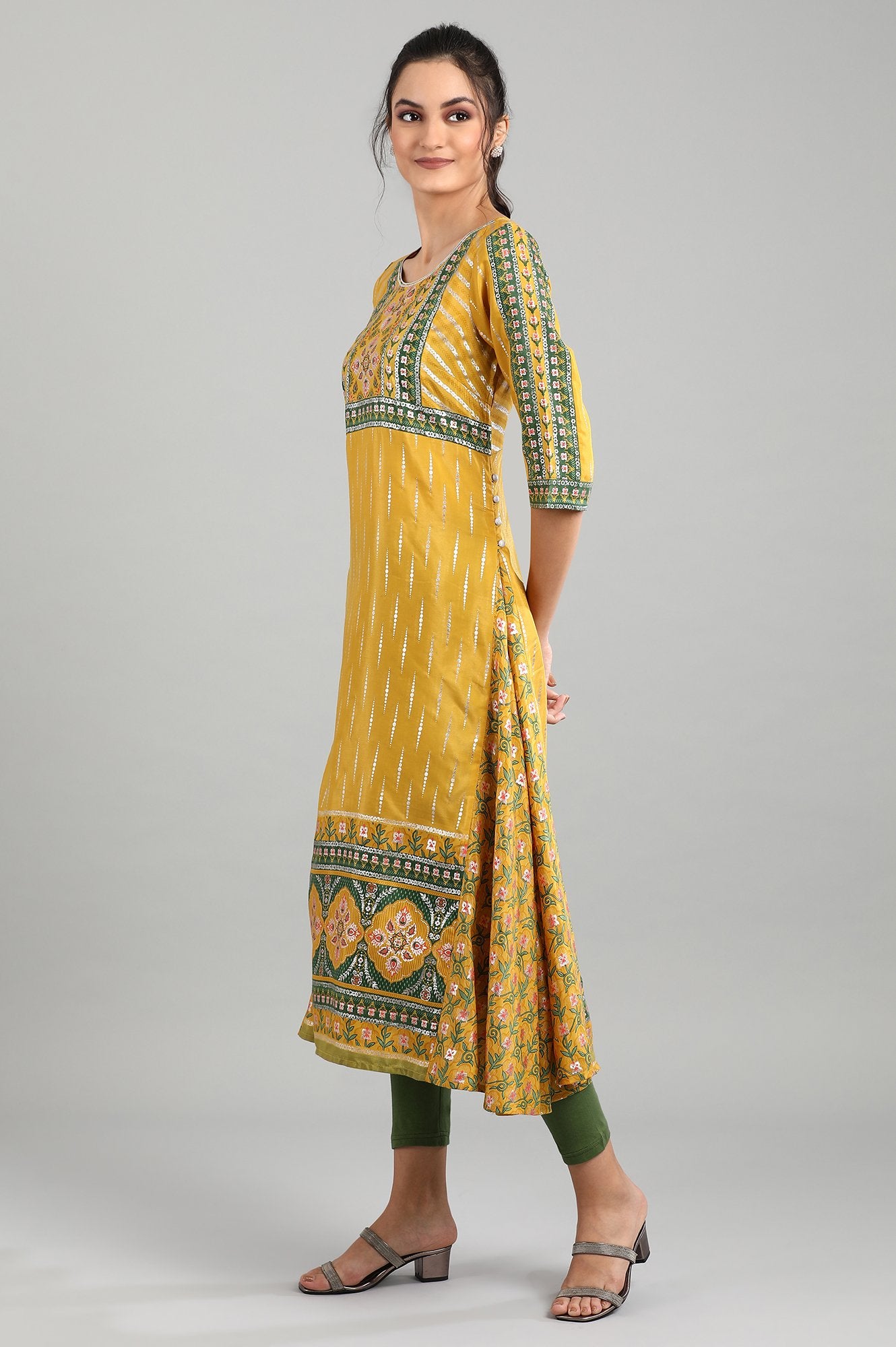 Yellow Round Neck Printed kurta