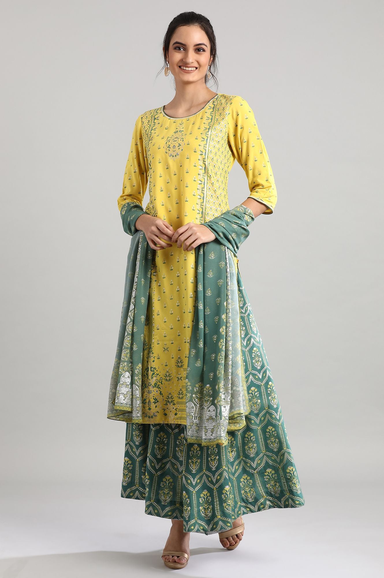 Yellow Round Neck Printed kurta