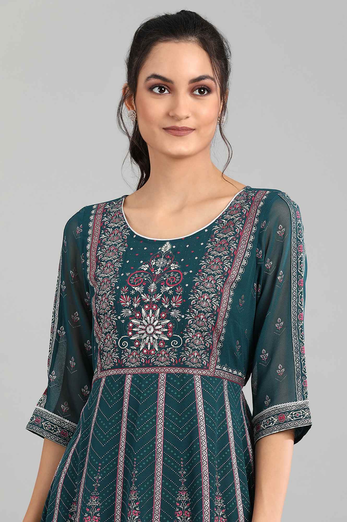 Green Round Neck Printed kurta