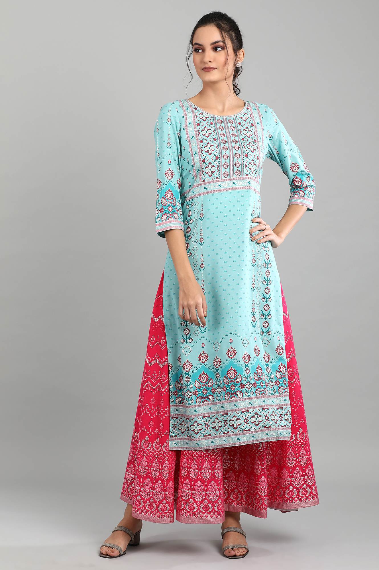 Blue Round Neck Printed kurta