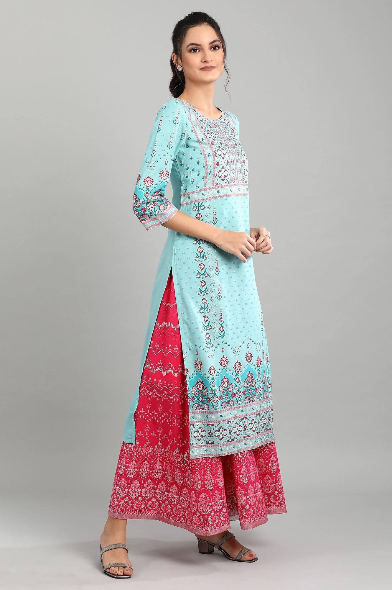 Blue Round Neck Printed kurta