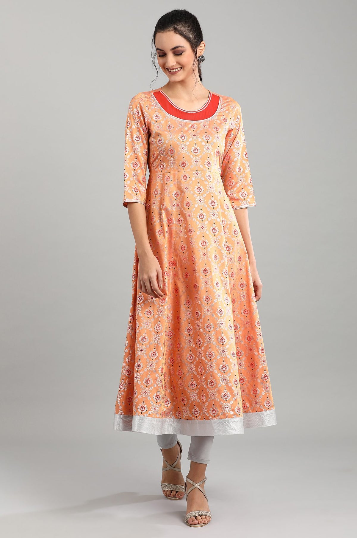 Peach Round Neck Printed kurta - XS