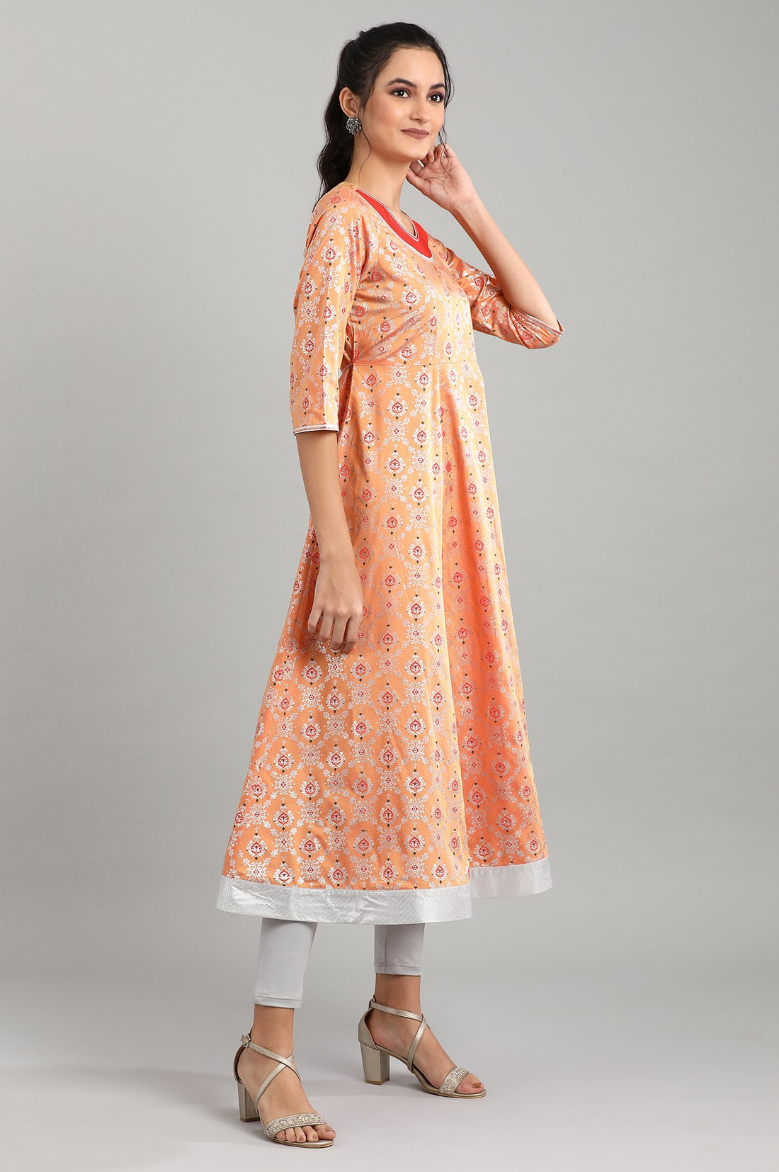 Peach Round Neck Printed kurta