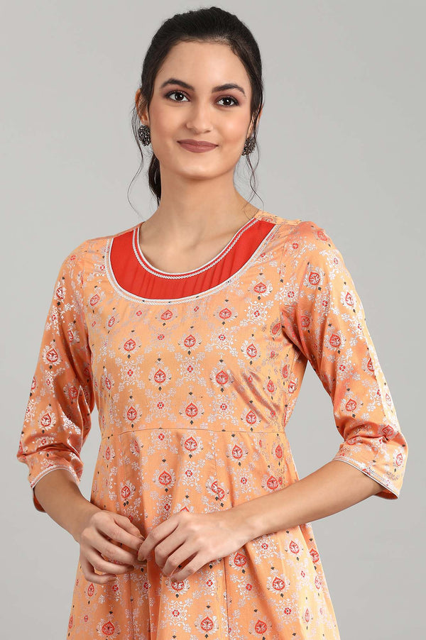 Peach Round Neck Printed kurta