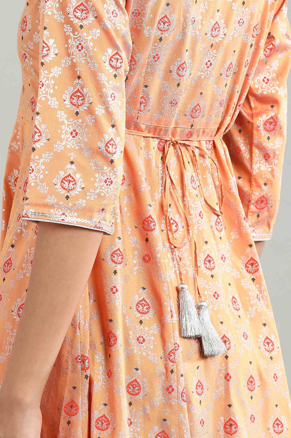 Peach Round Neck Printed kurta