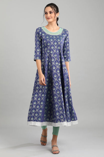 Blue Round Neck Printed kurta