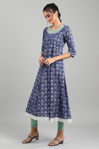 Blue Round Neck Printed kurta