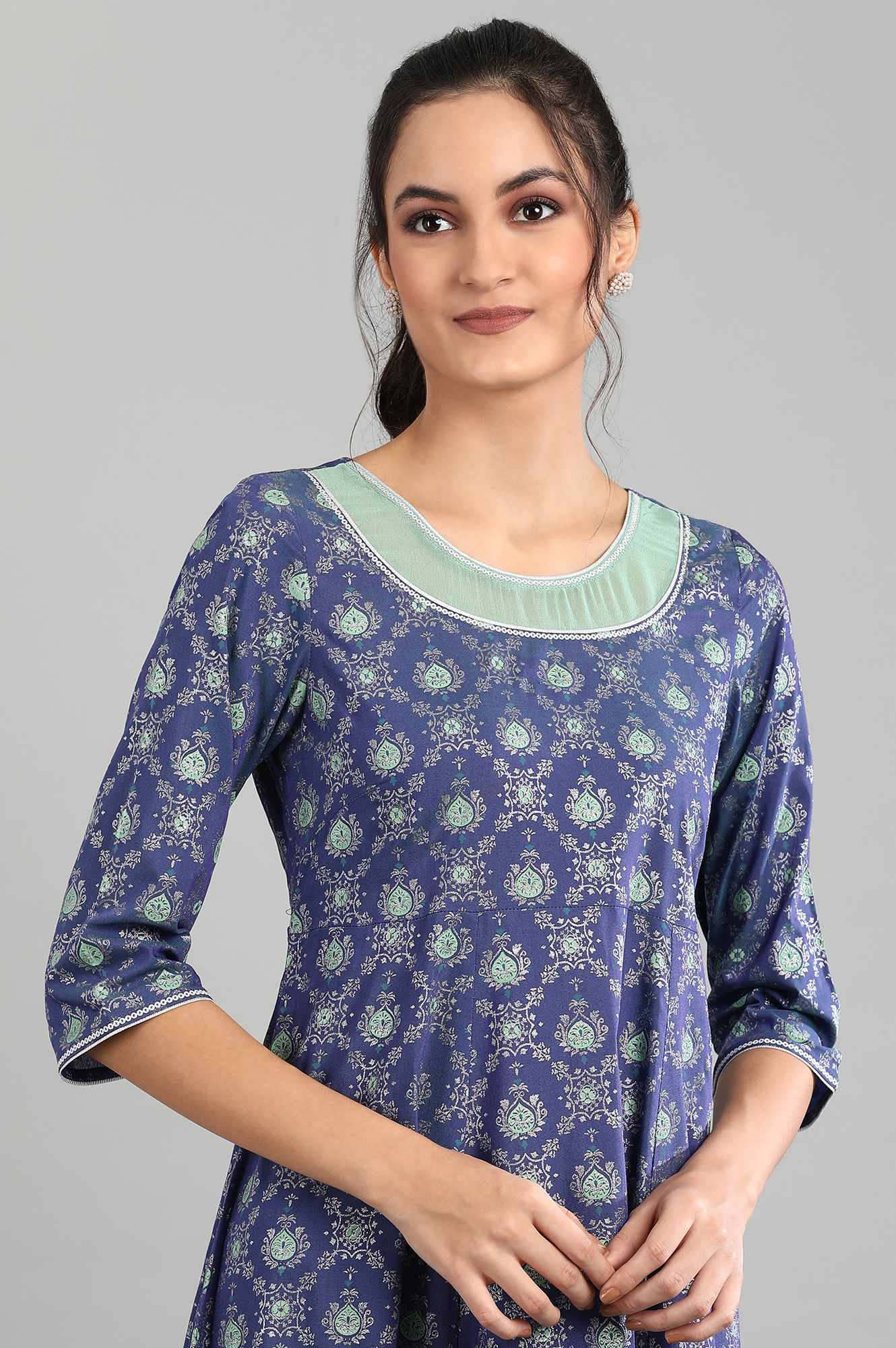 Blue Round Neck Printed kurta