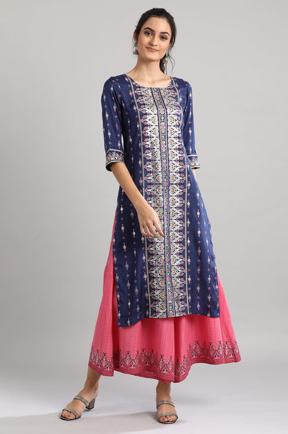 Blue Round Neck Printed kurta