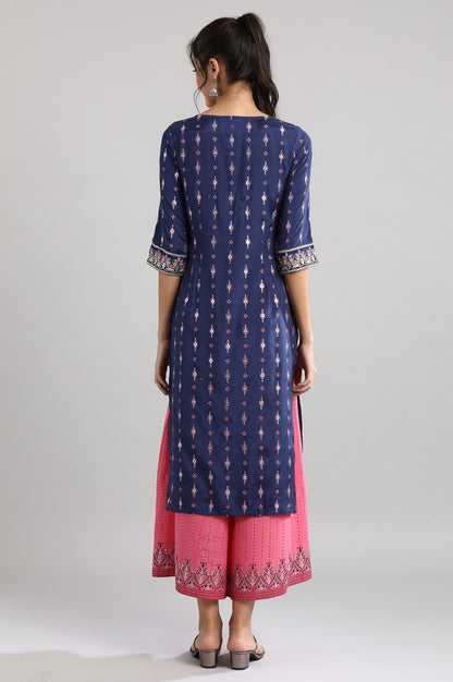 Blue Round Neck Printed kurta