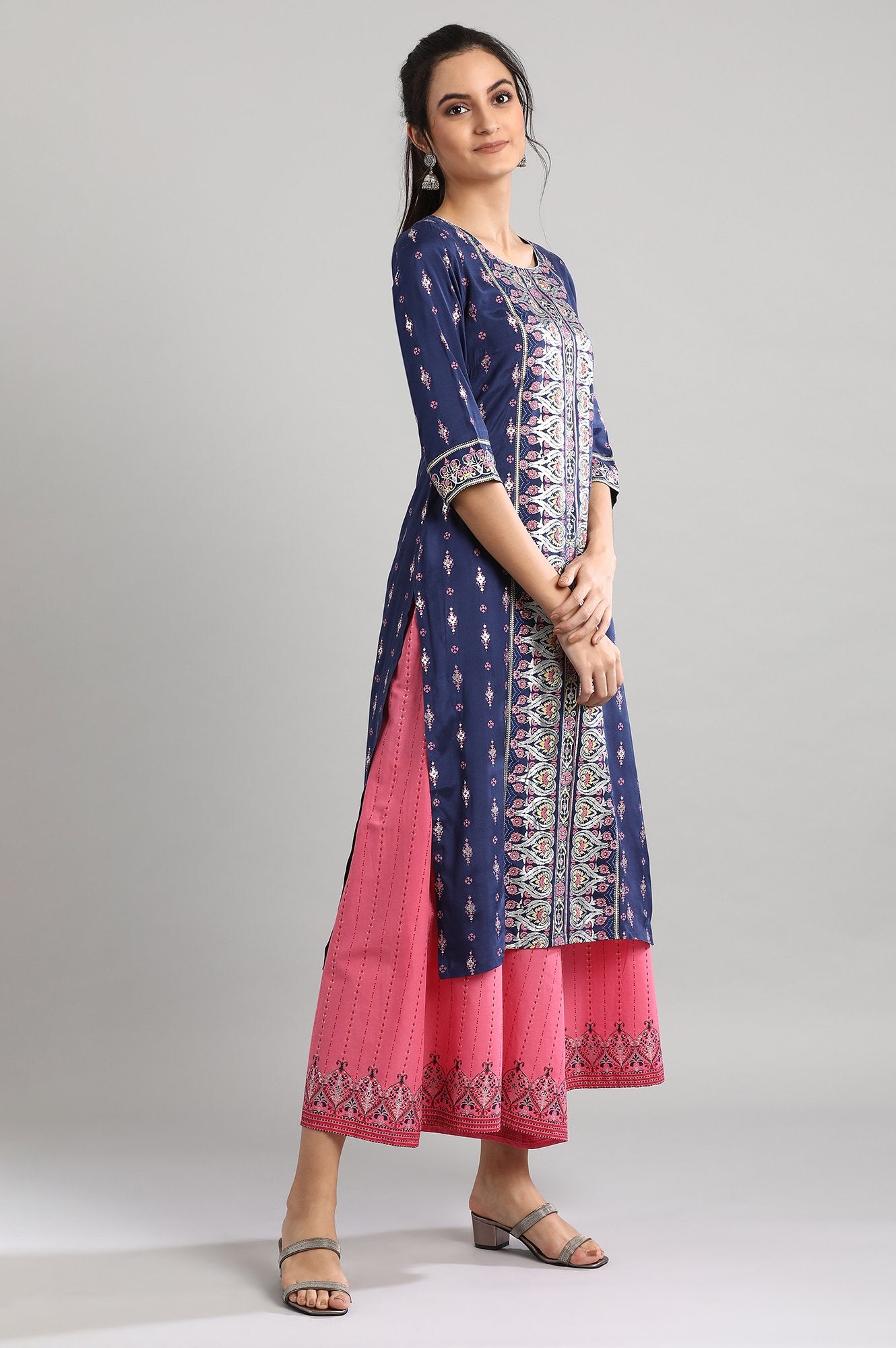 Blue Round Neck Printed kurta