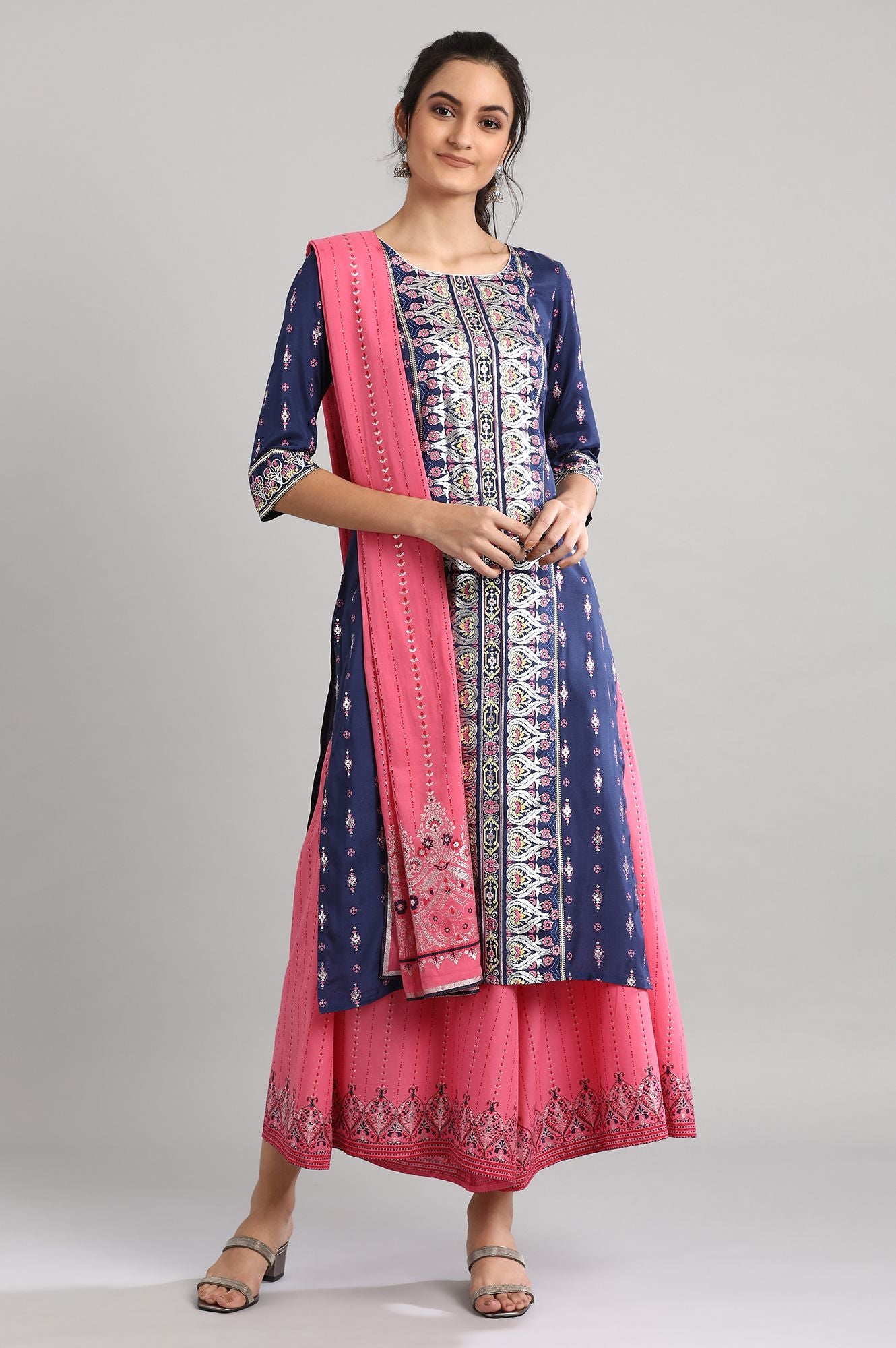 Blue Round Neck Printed kurta