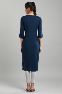 Navy Blue Embroidered kurta in Round Neckline