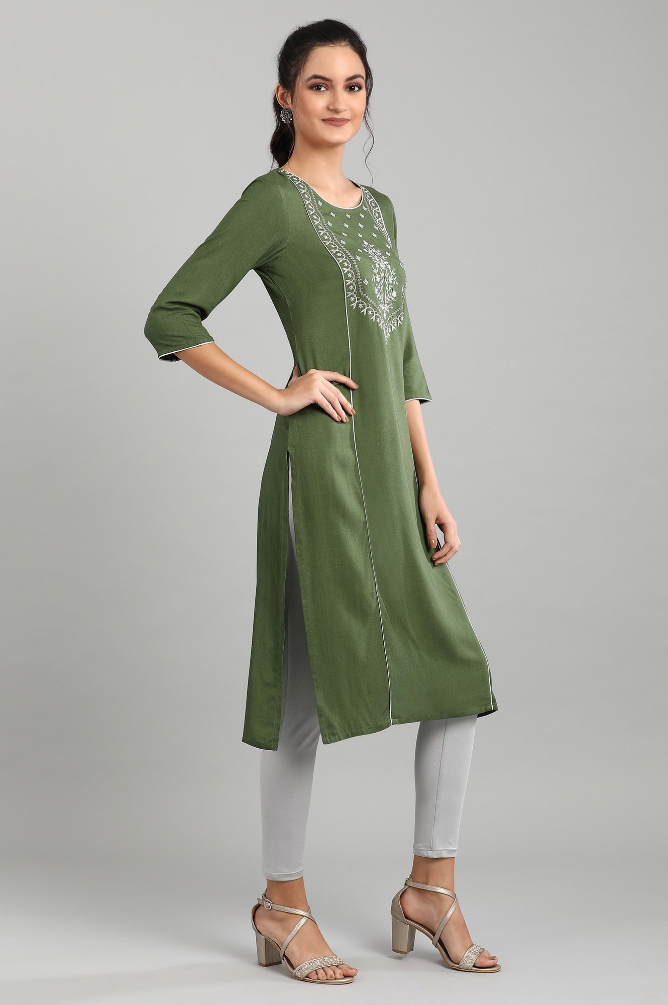 Green Round Neck Printed Ethnic Set