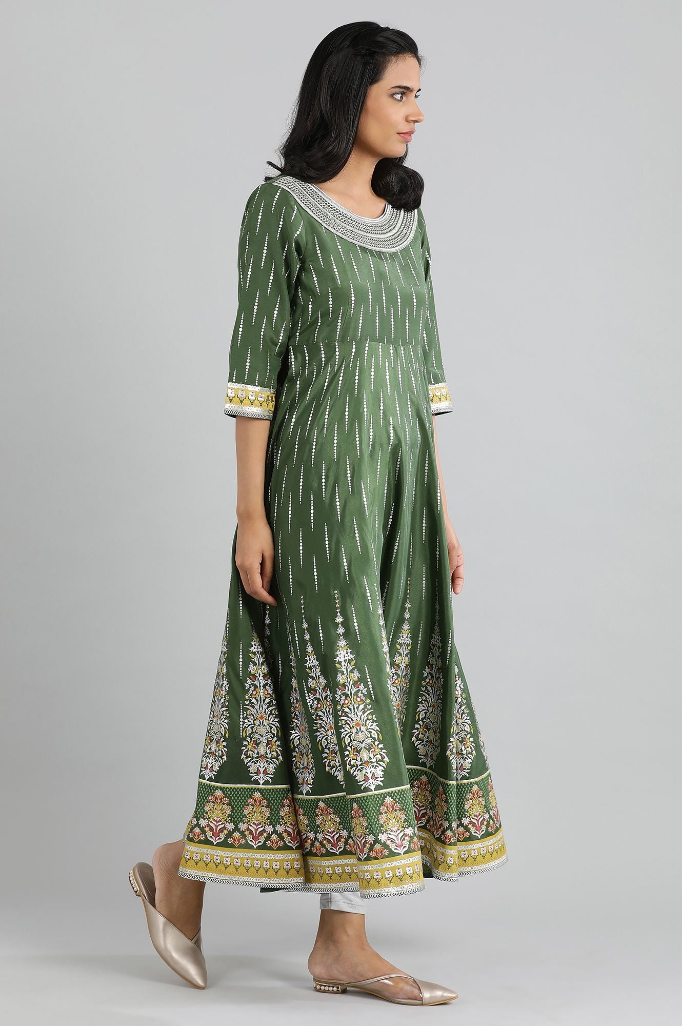 Green Round Neck Printed kurta