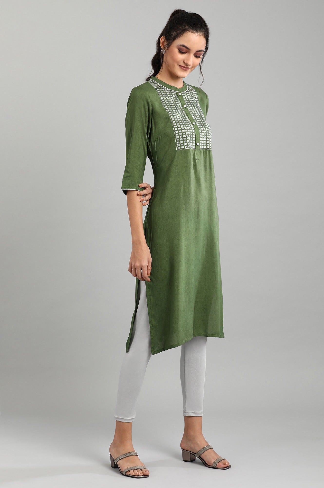 Green Mandarin Neck Printed kurta