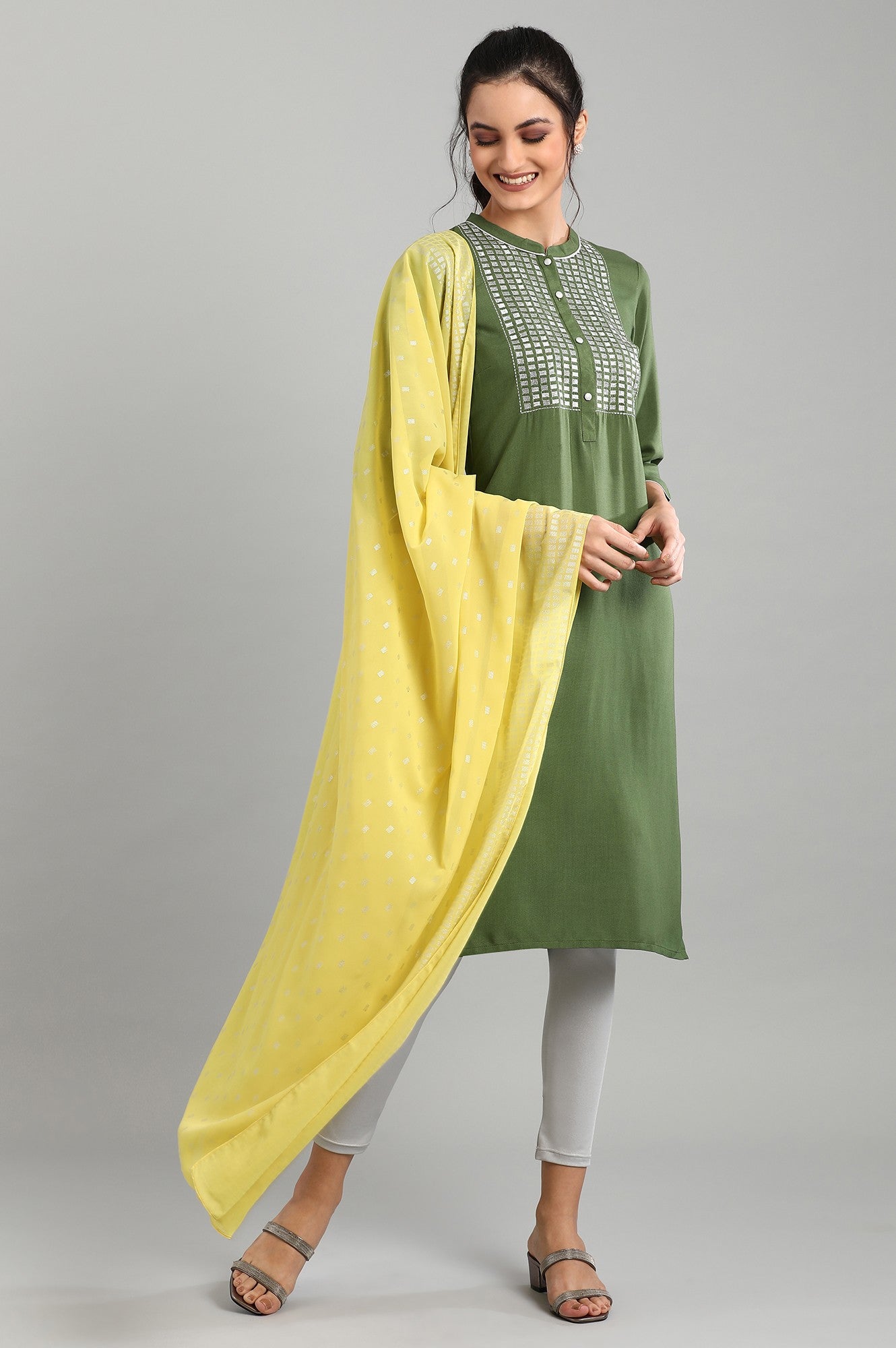 Green Mandarin Neck Printed kurta