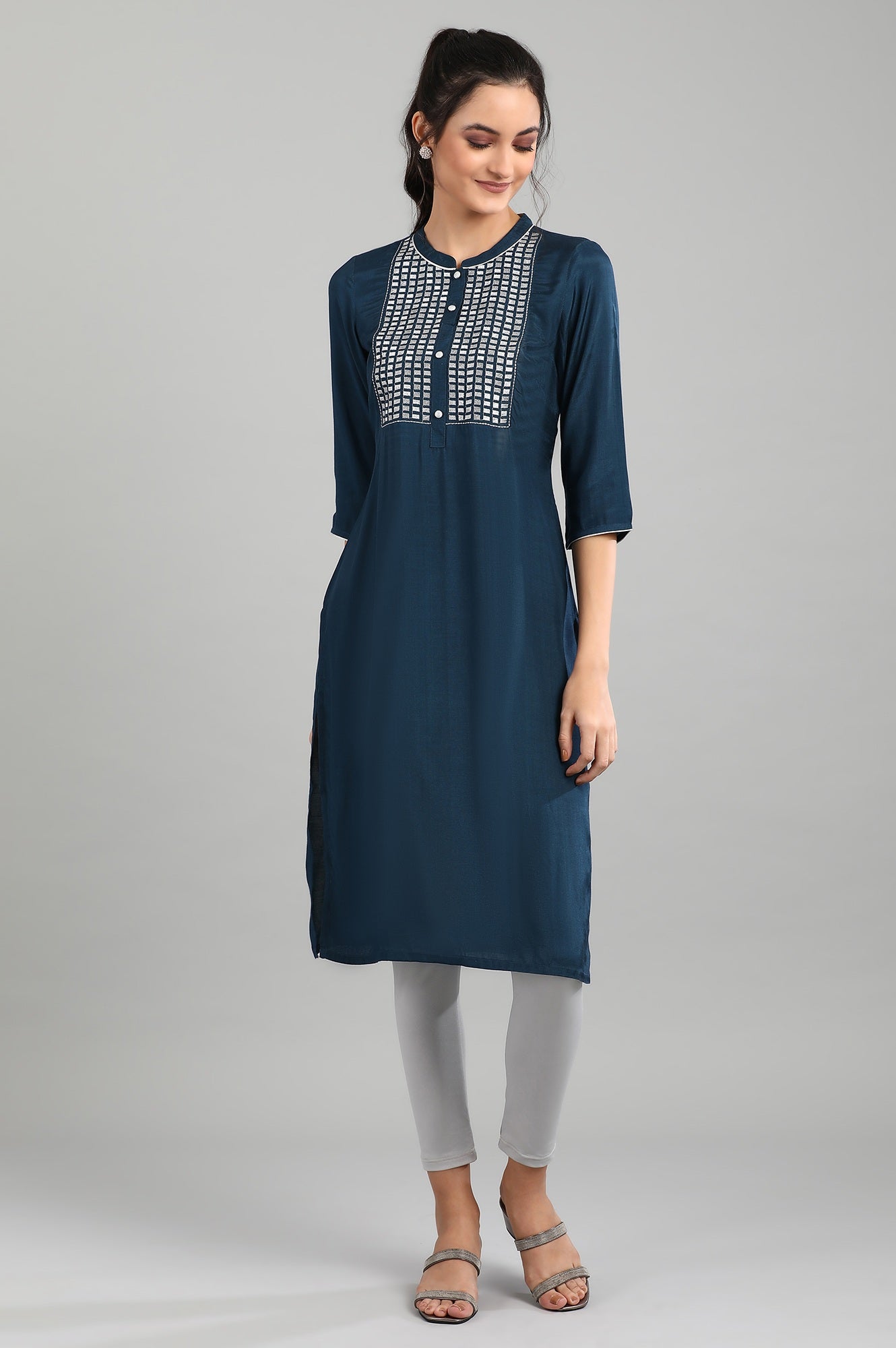 Blue Mandarin Neck Printed kurta