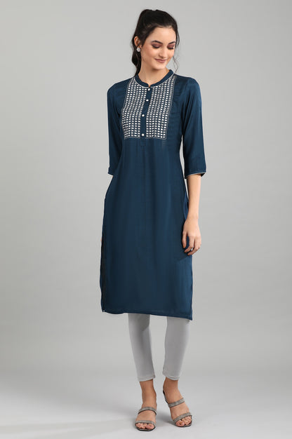 Blue Mandarin Neck Printed kurta