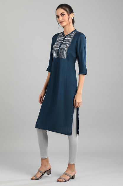 Blue Mandarin Neck Printed kurta