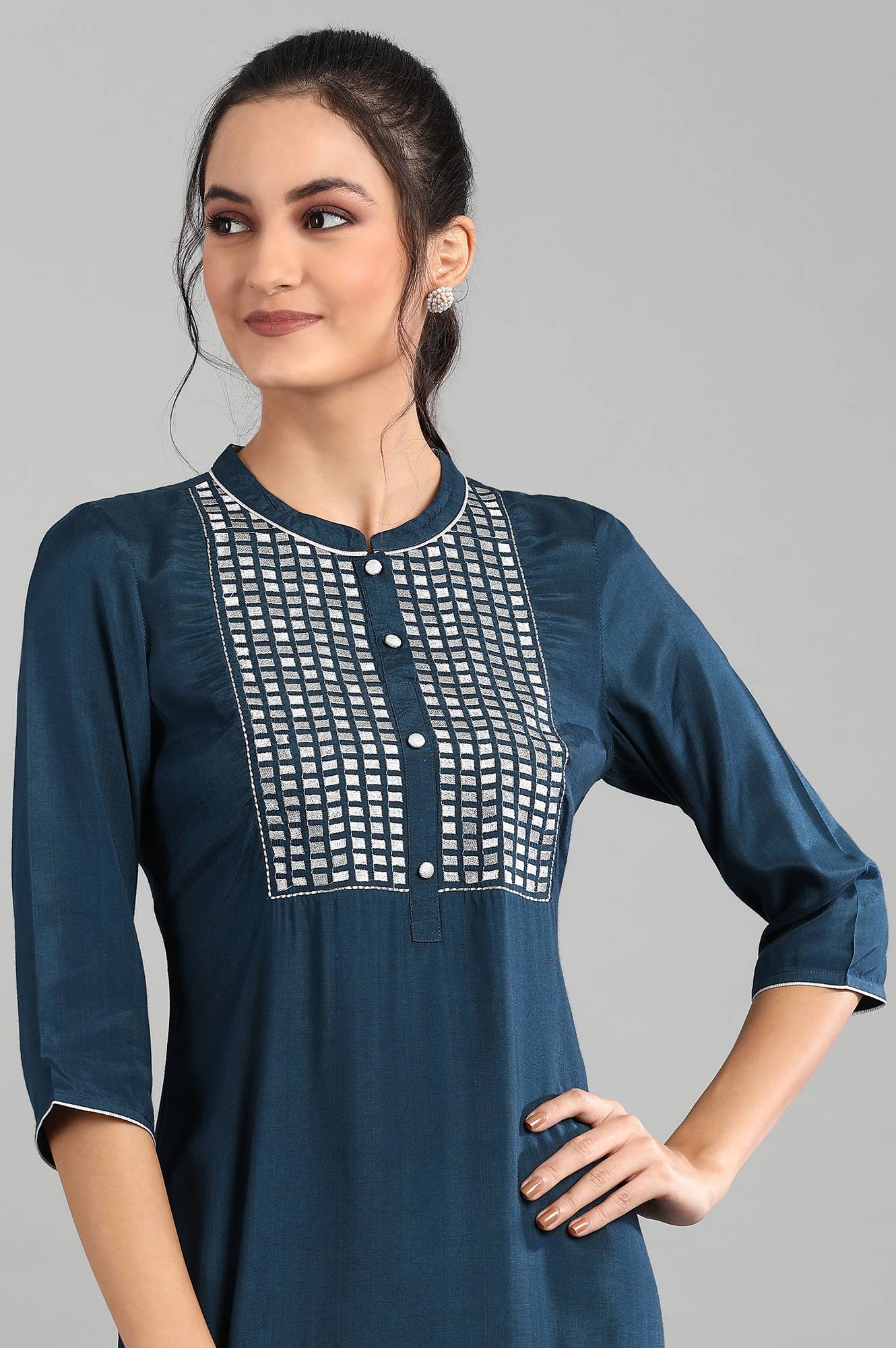 Blue Mandarin Neck Printed kurta