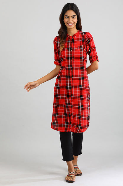 Red Collar Neck Checked kurta