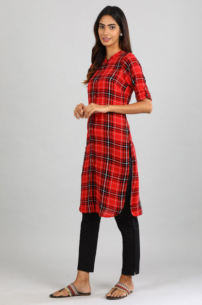 Red Collar Neck Checked kurta