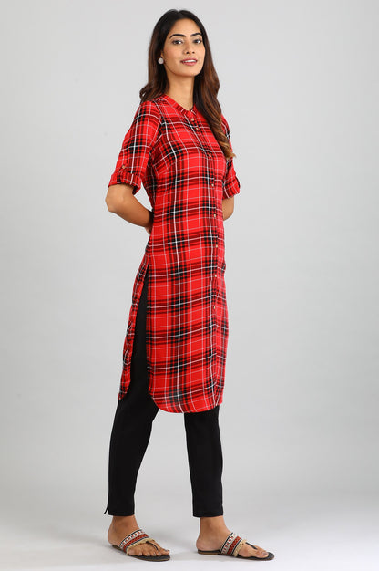 Red Collar Neck Checked kurta