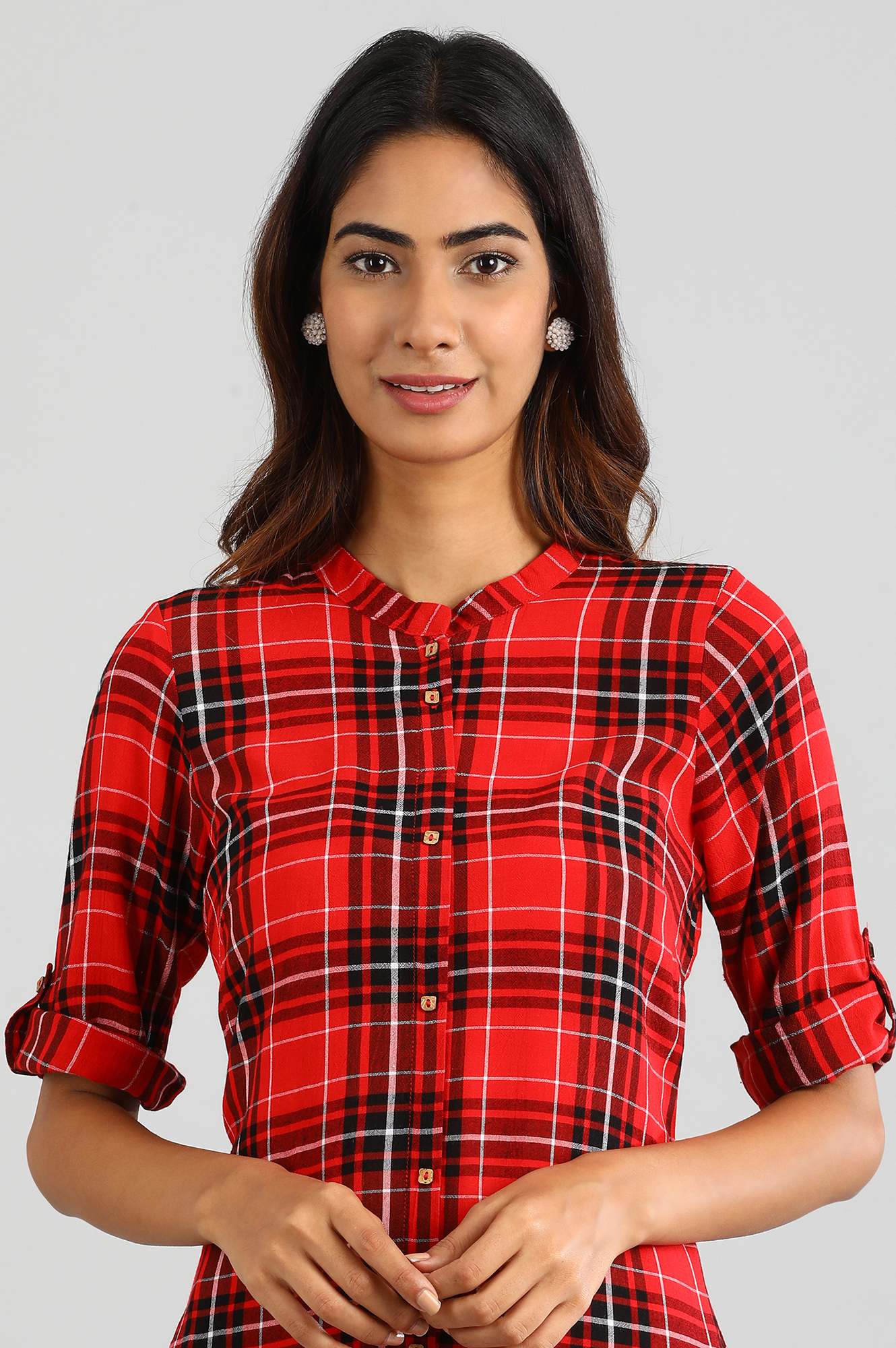 Red Collar Neck Checked kurta