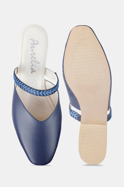 Navy Square Toe Embroidered Flat - ZCarly