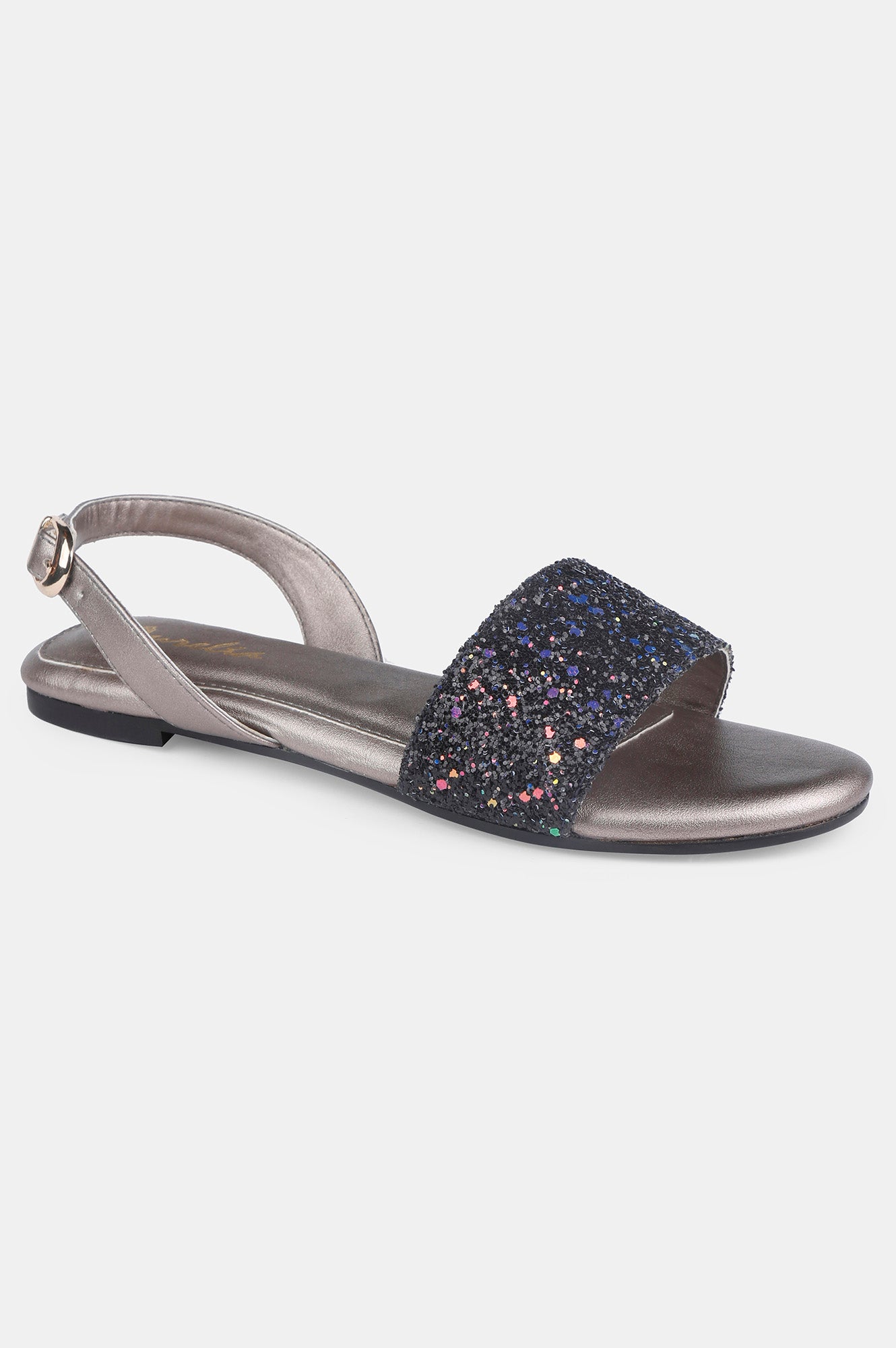 Black Glitter Almond Toe Textured Flat - ZDelia