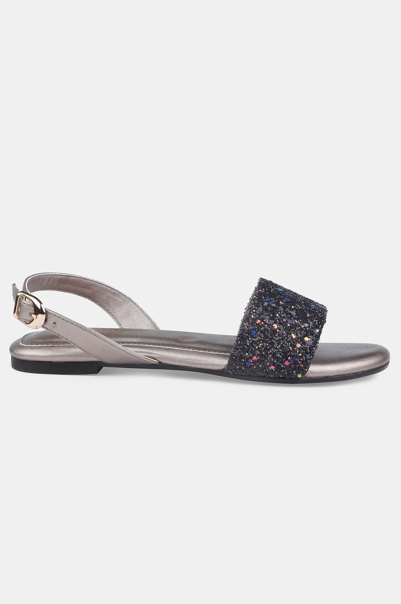 Black Glitter Almond Toe Textured Flat - ZDelia