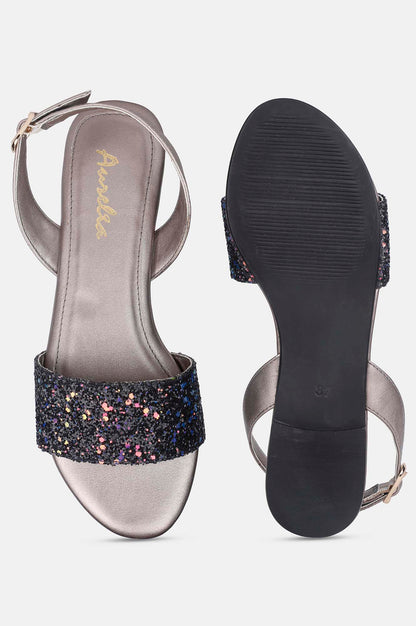 Black Glitter Almond Toe Textured Flat - ZDelia