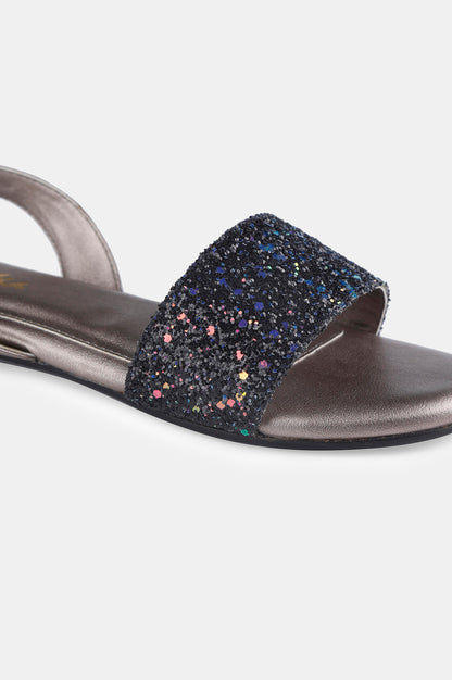 Black Glitter Almond Toe Textured Flat - ZDelia